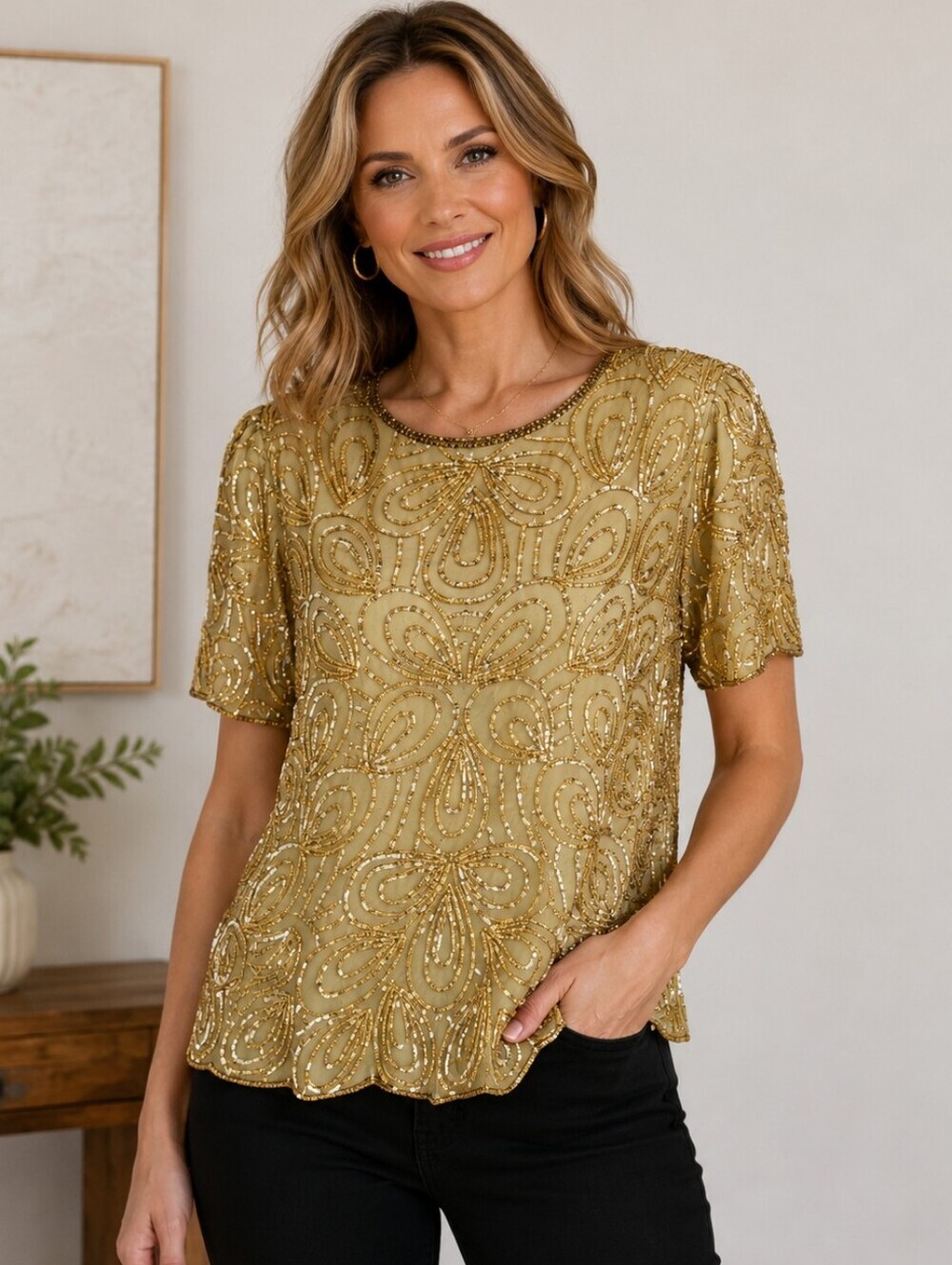 Vintage DENISE ELLE 100% Silk Beaded Embelleshed Short Sleeve Top. Gold. 8. NWT